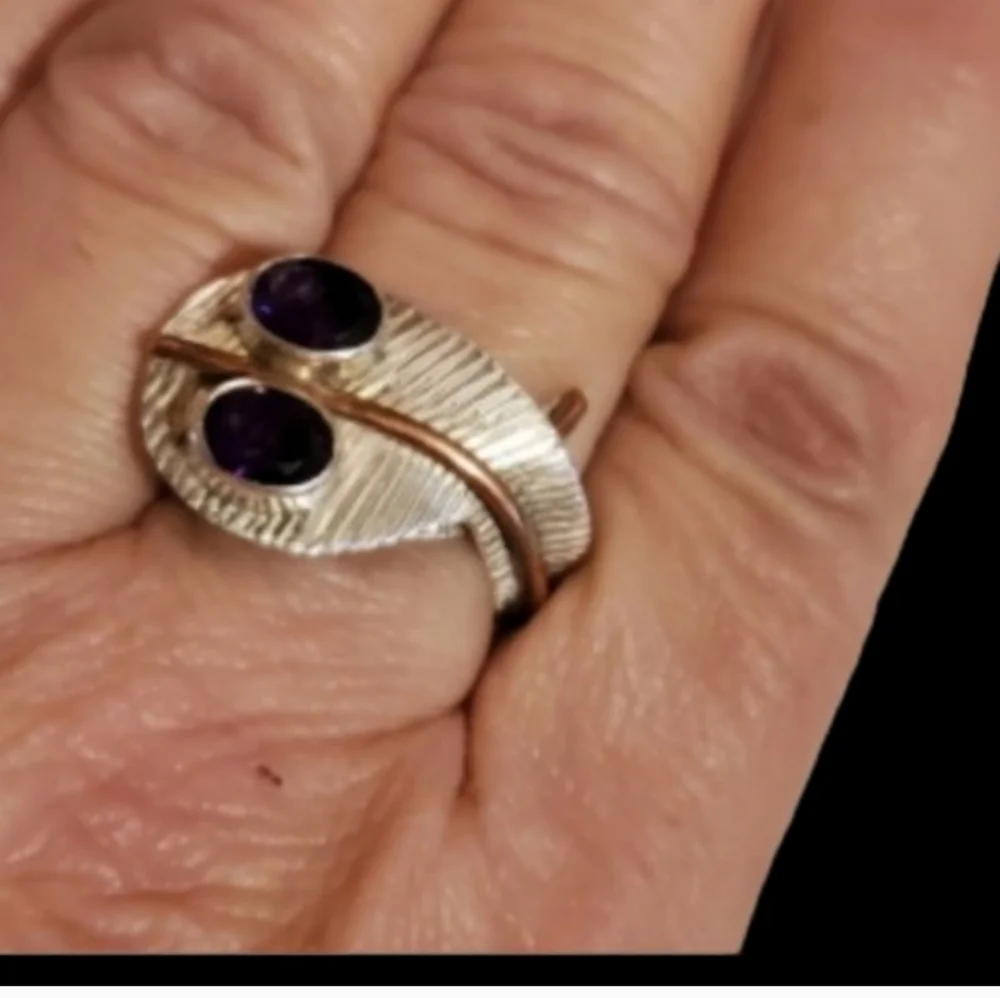 Sterling Silver Amethyst Leaf Design Bypass Ring 9
